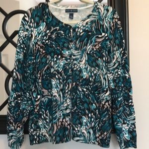 Teal, blue, gray, and black sweater